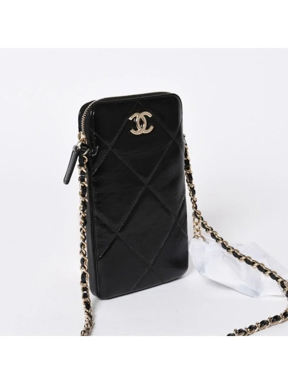 Chanel Chain Shoulder Shiny Patent Leather Quilted CC Logo Phone Case